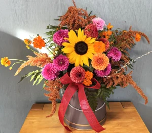 Rustic Glow Hatbox Arrangement – Irish Seasonal Flowers