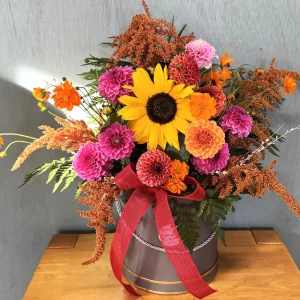 Rustic Glow Hatbox Arrangement – Irish Seasonal Flowers